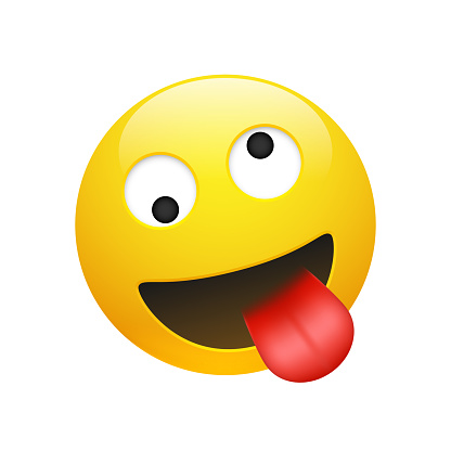 Vector Emoji yellow smiley crazy face with eyes and mouth showing tongue on white background. Funny cartoon Emoji icon. 3D illustration for chat or message.