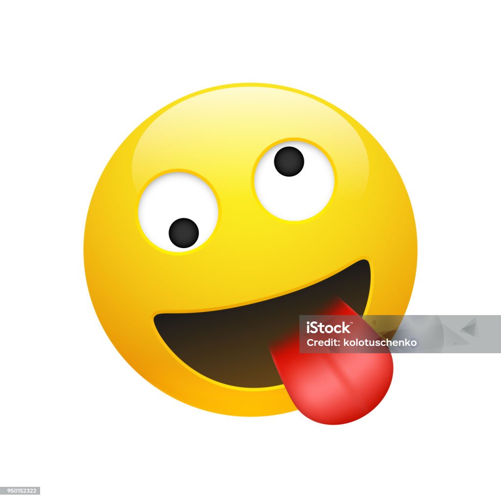 Vector Emoji yellow smiley crazy face Vector Emoji yellow smiley crazy face with eyes and mouth showing tongue on white background. Funny cartoon Emoji icon. 3D illustration for chat or message. Bizarre stock vector