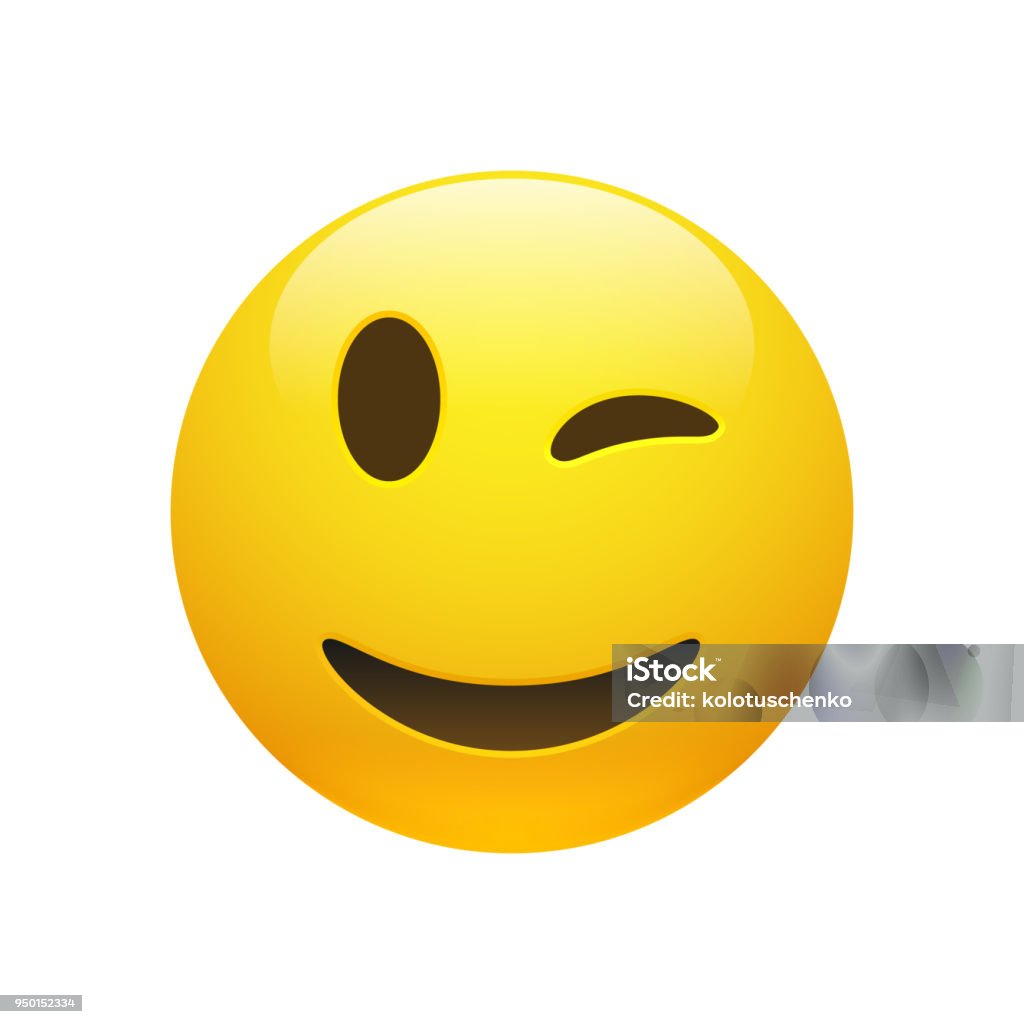 Vector Emoji yellow smiley winking face Vector Emoji yellow smiley winking face with eyes and mouth on white background. Funny cartoon Emoji icon. 3D illustration for chat or message. Anthropomorphic Smiley Face stock vector