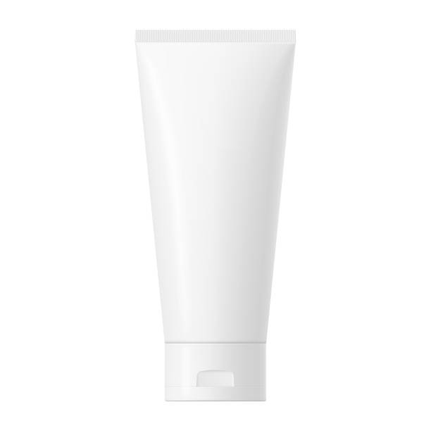 Vector white glossy plastic tube with cap Realistic mock up of a package. Vector white glossy plastic tube with cap for cosmetics, body cream, skin care, gel, lotion, glue, toothpaste. Front side view. 3D illustration. white plastic tube stock illustrations
