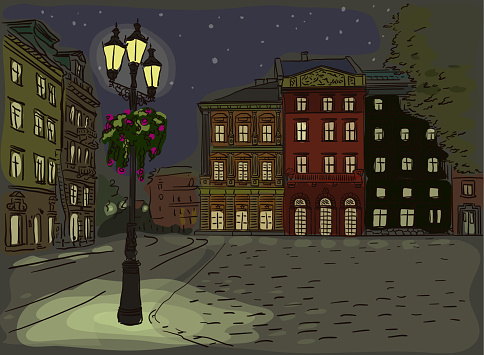 Antique European street. Night Summer city landscape. Vector illustration.