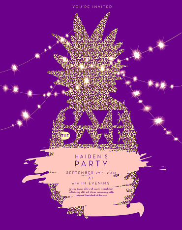 Glitter pineapple with string lights invitation design template. Easy to edit with layers. Includes sample placement text.
