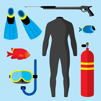 Vector illustration of scuba related items against a blue background in flat style.