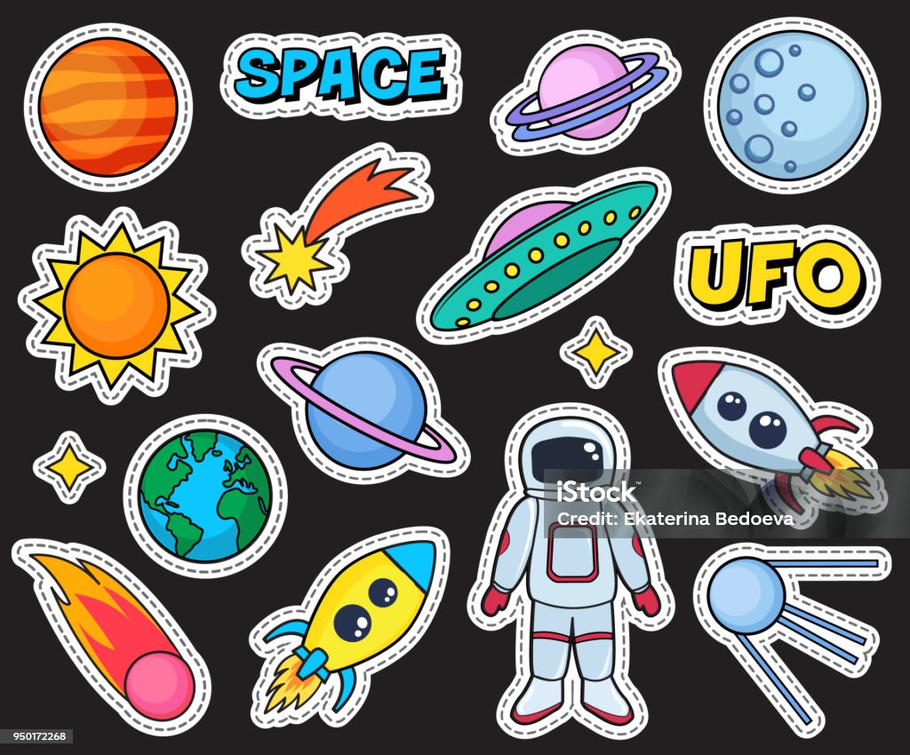 Cute Patches Set With Space Cosmonaut Planets Sun Earth Rockets