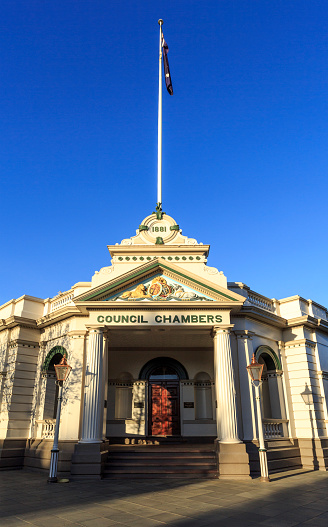View of the historic 1881 Council Chambers building in the City of Wagga Wagga, New South Wales, Australia.