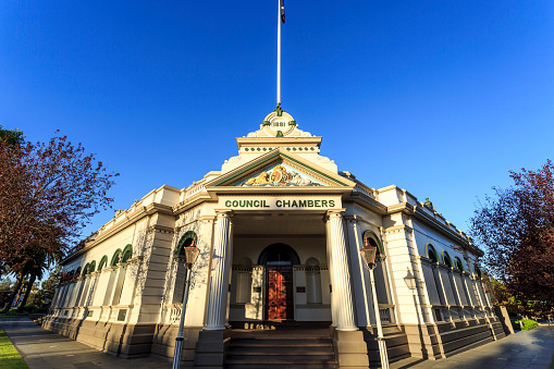 View of the historic 1881 Council Chambers building in the City of Wagga Wagga, New South Wales, Australia.