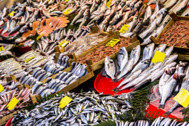 pescadería, mezclado tipo pescados y puestos de pescado - seafood salmon ready to eat prepared fish fotografías e imágenes de stock