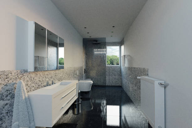 istock 3d rendering of shower tray with white granite stone planes and glass wall 950178694