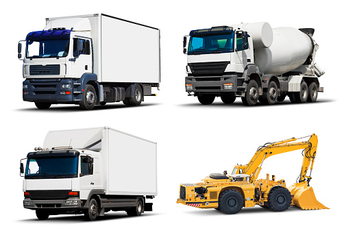 Creative abstract shipping industry, logistics transportation, building and construction, roadworks and cargo freight transport industrial business commercial concept: set of white delivery trucks or container auto car trailers, concrete mixer and yellow heavy backhoe excavator or bulldozer isolated on white background