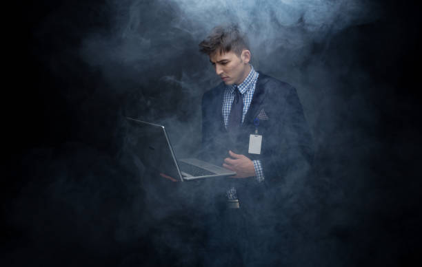 istock Well dressed businessman in fog, like cloud computing 950186698