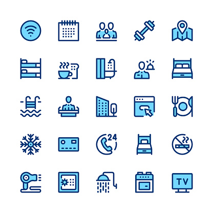 Hotel services and amenities line icons set. Modern graphic design concepts, simple symbols, linear stroke web elements, pictograms collection. Minimal thin line design. Premium quality. Pixel perfect. Vector outline icons