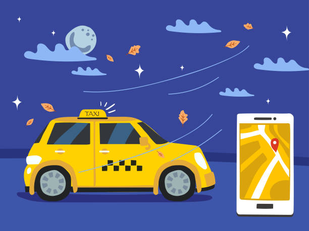 Book a car at night on smartphone with map. Taxi service concept. Flat style illustration. Flat style illustration for booking a car at night on smartphone with map. Taxi service concept. uber driver stock illustrations