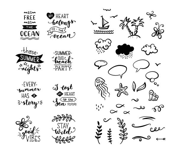 Vector set of hand-drawn lettering phrases and clipart elements. Brush calligraphy for poster, mug, bag, card or t-shirt design. Black and white illustration. travel clipart stock illustrations