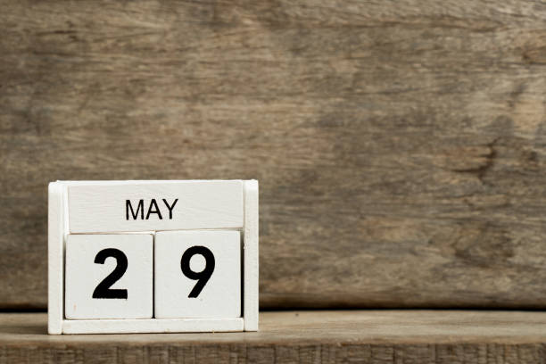 White block calendar present date 29 and month May on wood background