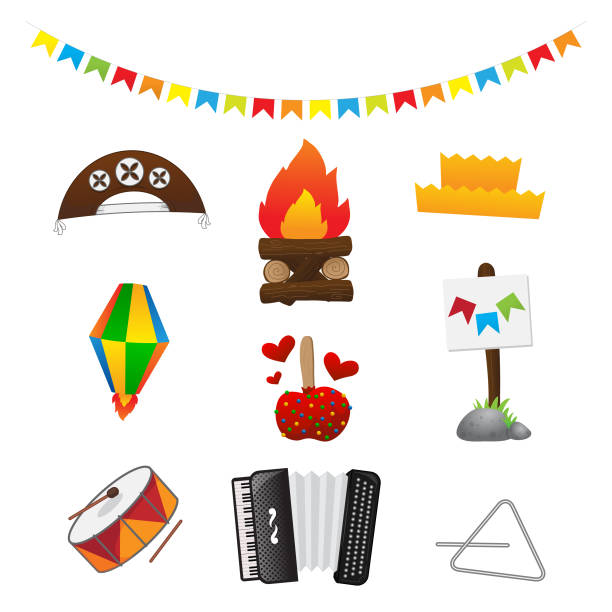 Set of junino elements of the st. john of the northeast Brazilian feast junina bonfire trio forrozeiro Complete package of icons for junina bonfire party, cangaceiro hat, matuto hat, love apple, zabumba, accordion, triangle, balloon and flags. cangaço, forró and forrzeiro northeast stock illustrations