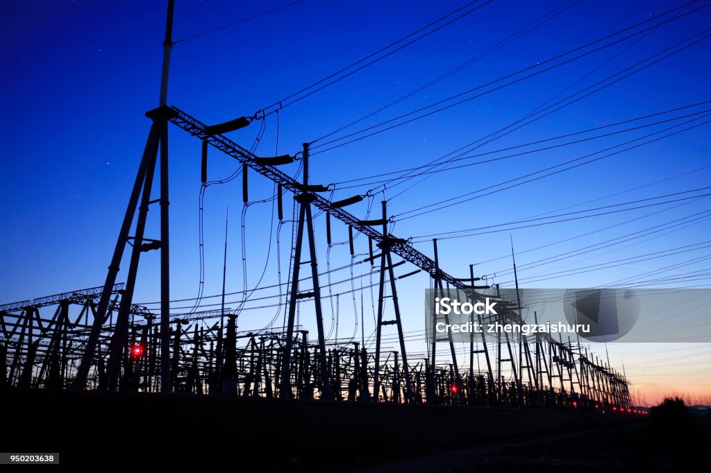 Substation in the evening Electricity Substation Stock Photo