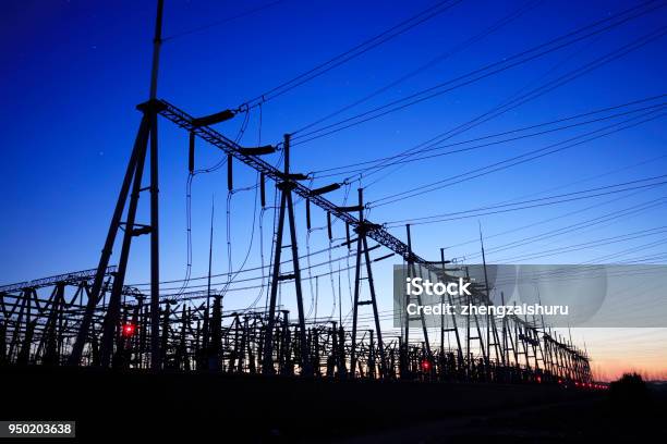 Substation In The Evening Stock Photo - Download Image Now - Electricity Substation, Night, Authority