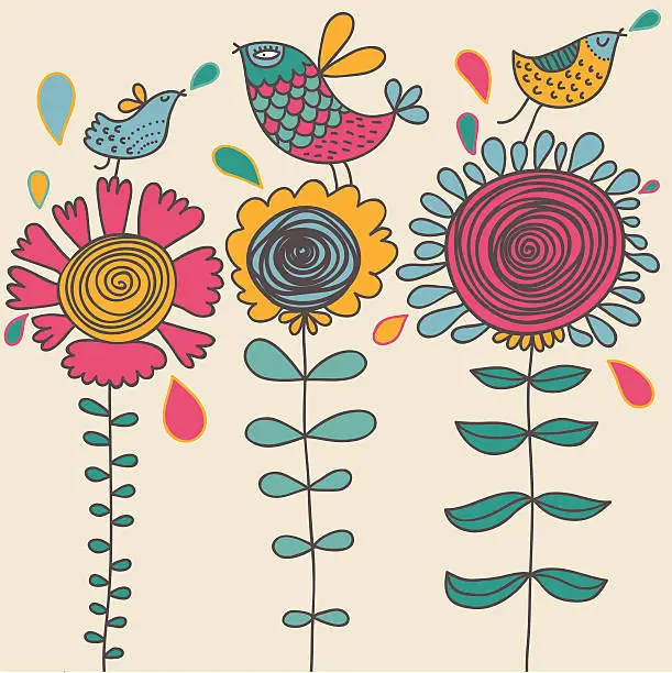 Vector illustration of Drawing of three birds on thee multi- colored flowers