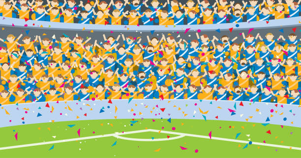 illustrations, cliparts, dessins animés et icônes de fond de gens sautant dans les gradins d’un stade vêtus de chemises bleues et jaunes avec des confettis tombant sur le terrain de soccer. - soccer stadium illustrations