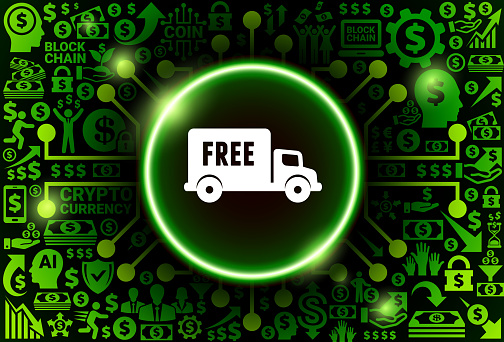 Free Delivery  Icon on Money and Cryptocurrency Background. The main symbol depicted is in the center of the illustration. The background is made up from icon with the cryptocurrency and money theme. These vector icons make up a pattern and vary in size and in the shade of the green color. The background color is black. This image is ideal for the current cryptocurrency themed illustrations.