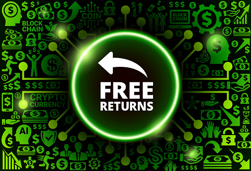 Free Returns  Icon on Money and Cryptocurrency Background. The main symbol depicted is in the center of the illustration. The background is made up from icon with the cryptocurrency and money theme. These vector icons make up a pattern and vary in size and in the shade of the green color. The background color is black. This image is ideal for the current cryptocurrency themed illustrations.