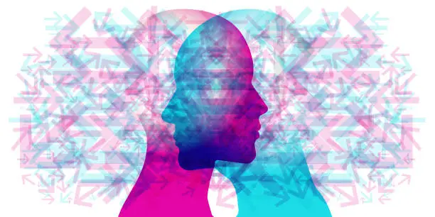 Vector illustration of Woman and Man Multi Directional Thoughts