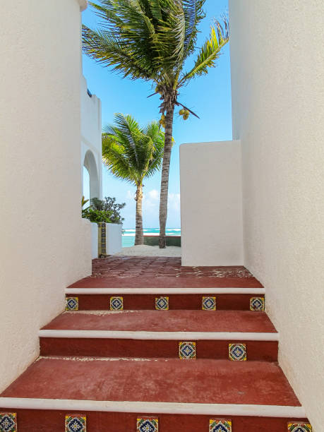 Colorful tropical beach house architecture in Caribbean, Akumal, Mexico.