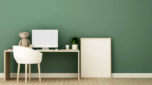 istock Study room and frame picture for artwork kid room or office -  Workplace in office or apartment on green tone- 3D Rendering 950226036