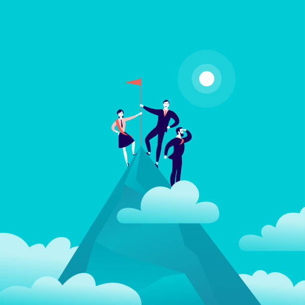 векторная плоская иллюстрация с деловыми людьми, стоящими на вершине горной вершины, держащими флаг на синем затуманеном фоне неба. 2 - teamwork business success leadership stock illustrations