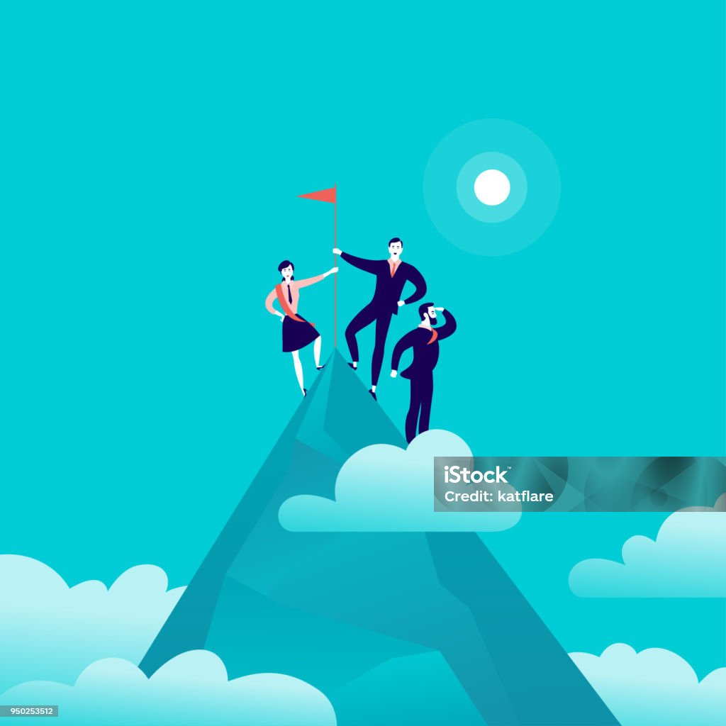 Vector flat illustration with business people standing on mountain peak top holding flag on blue clouded sky background. 2 Vector flat illustration with business people standing on mountain peak top holding flag on blue clouded sky background. Victory, achievement, reaching aim, partnership, motivation, leader - metaphor. Leadership stock vector
