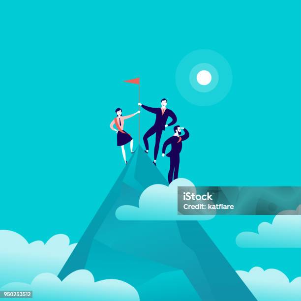 Vector Flat Illustration With Business People Standing On Mountain Peak Top Holding Flag On Blue Clouded Sky Background 2 Stock Illustration - Download Image Now
