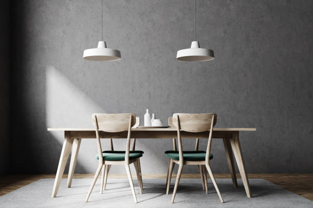 istock Concrete dining room interior, wooden chairs 950261642