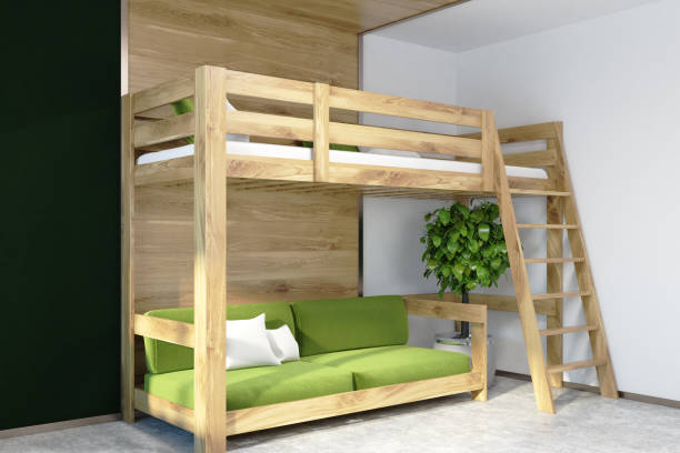 istock Dark green wall bedroom corner, green loft bed 950261794