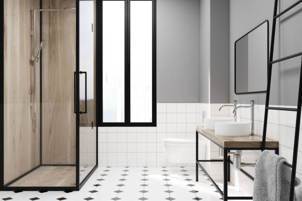 istock Modern gray bathroom decoration idea, shower 950261948