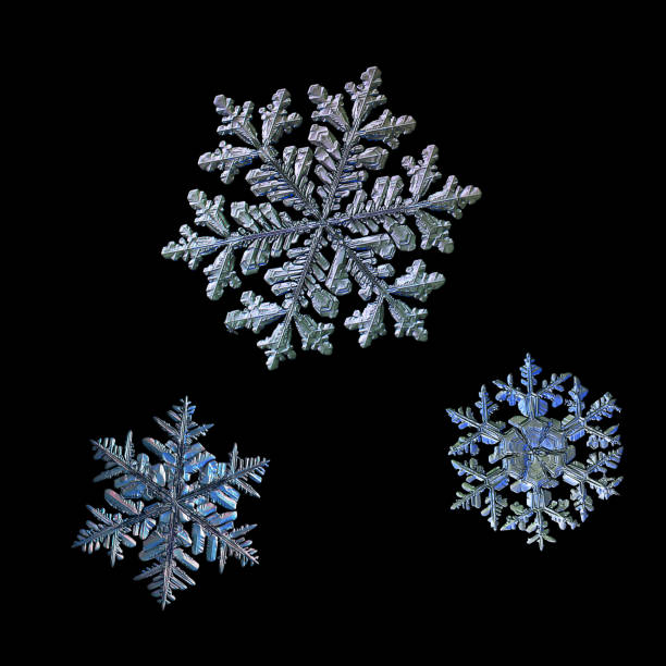 Three snowflakes isolated on black background stock photo