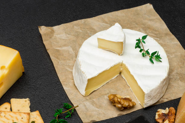 pedaço de queijo de brie ou camembert francês sobre fundo de concreto - block portion part of french culture - fotografias e filmes do acervo