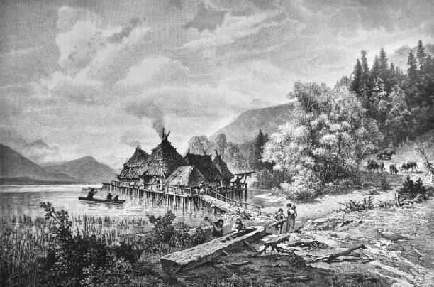 illustrations, cliparts, dessins animés et icônes de scène de village. artisans construisent bateau - ! 895 - built structure germany history 19th century style