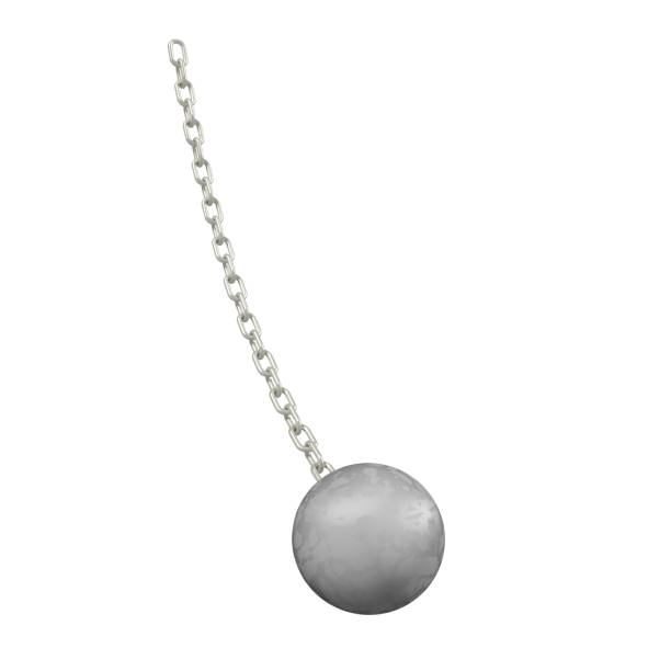 istock Wrecking ball with silver chain, 3d illustration. Isolated on white background. 950287784
