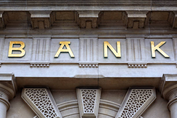 Bank sign on building Bank sign above the door of financial building concept for finance and business bank account photos stock pictures, royalty-free photos & images