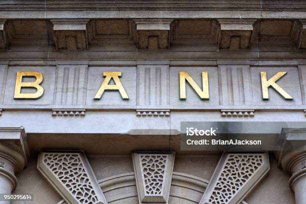 Bank Sign On Building Stock Photo - Download Image Now - Bank - Financial Building, Banking, Bank Account