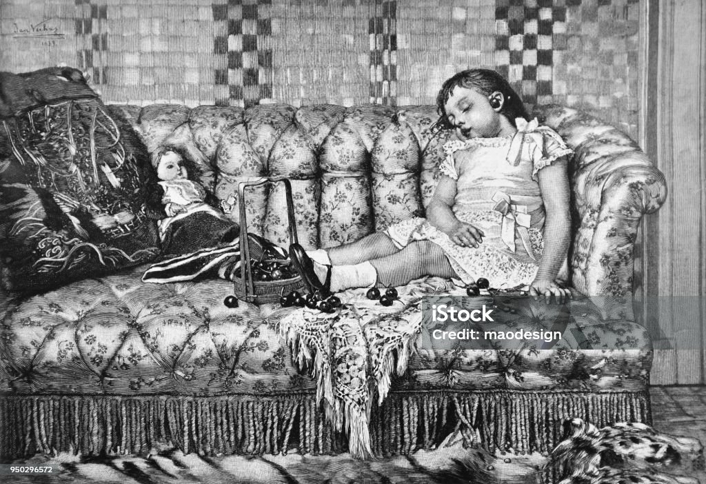 Baby is sleeping on the couch after eating too much cherries _ 1895 Engraved Image stock illustration