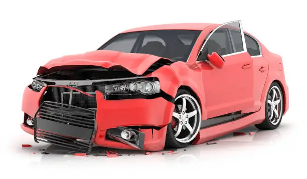 Red car crash on isolated white background. 3d illustration