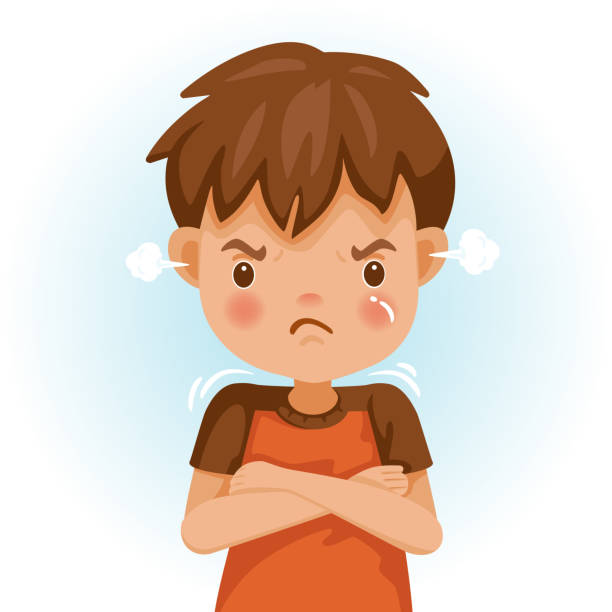 children angry Angry child. The boy in a red shirt is expressing anger. Excitement and frown. Cartoon characters, vector illustrations, isolated on white background. bored teen stock illustrations