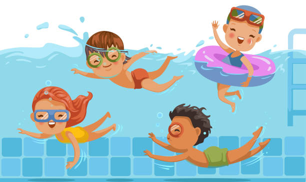 illustrations, cliparts, dessins animés et icônes de enfants à la piscine - swimming pool illustrations