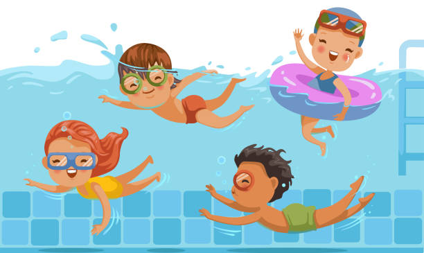 어린이 수영장 - inner tube inflatable swimming little girls stock illustrations