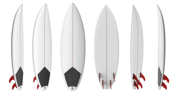 surfbrett zum wellenreiten mit roten flossen - surfboard stock-fotos und bilder