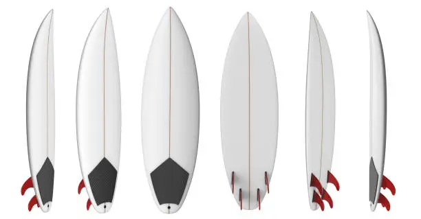 Shortboard blank short surfboard with red fins. 3D render isolated on white background