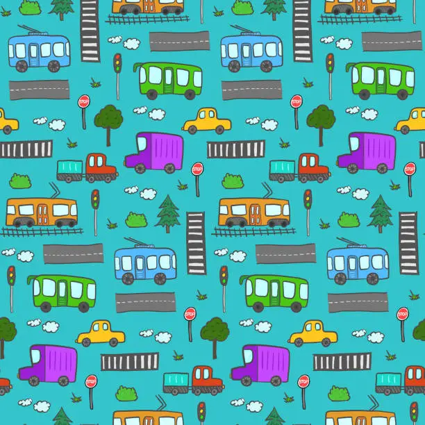 Vector illustration of Cute colorful cartoon city transport pattern