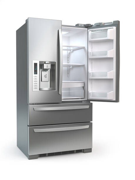istock Open fridge freezer. Side by side stainless steel refrigerator  isolated on white background. 950301940
