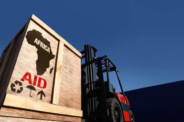 istock Aid cargo on forklift truck. 950305468